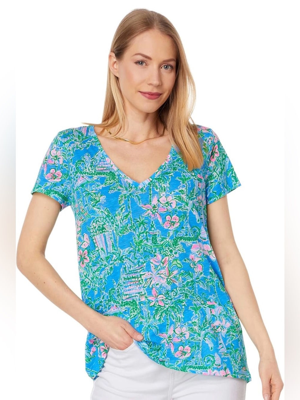 Lilly Pulitzer Etta V-Neck Shirt Boca Blue Beneath the Bougainvillea Size XXS